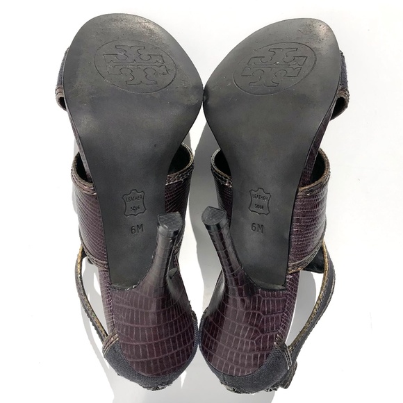 Tory Burch Geoff heel size 6M cage sandal zip linen & snakeskin embossed leather - Picture 13 of 14